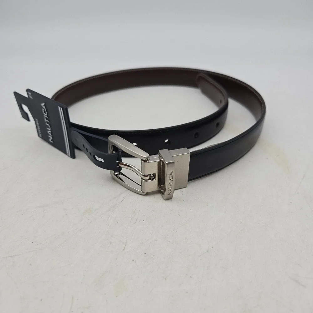Nautica Belt Black Brown Reversible Syn Leather Womens 24 Nickel Buckle